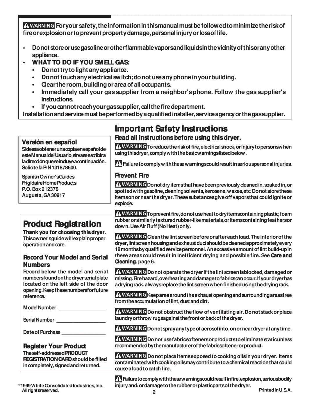 Frigidaire 131883500A Product Registration, Important Safety Instructions, What to do if YOU Smell GAS 