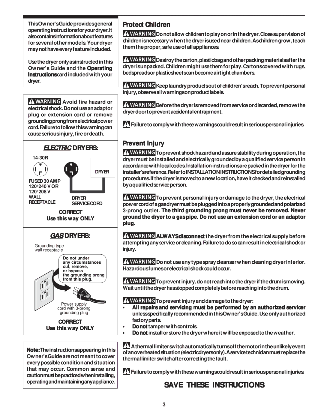 Frigidaire 131883500A important safety instructions GAS Dryers, Protect Children, Prevent Injury, Use this way only 