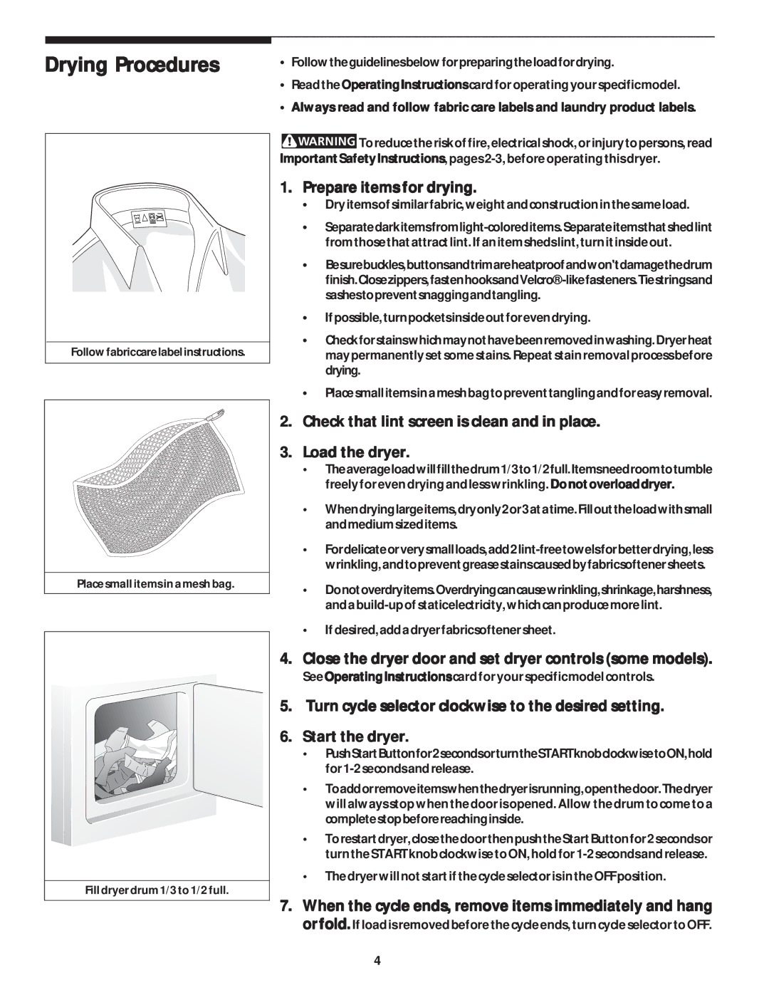 Frigidaire 131883500A Drying Procedures, Prepare items for drying, Close the dryer door and set dryer controls some models 