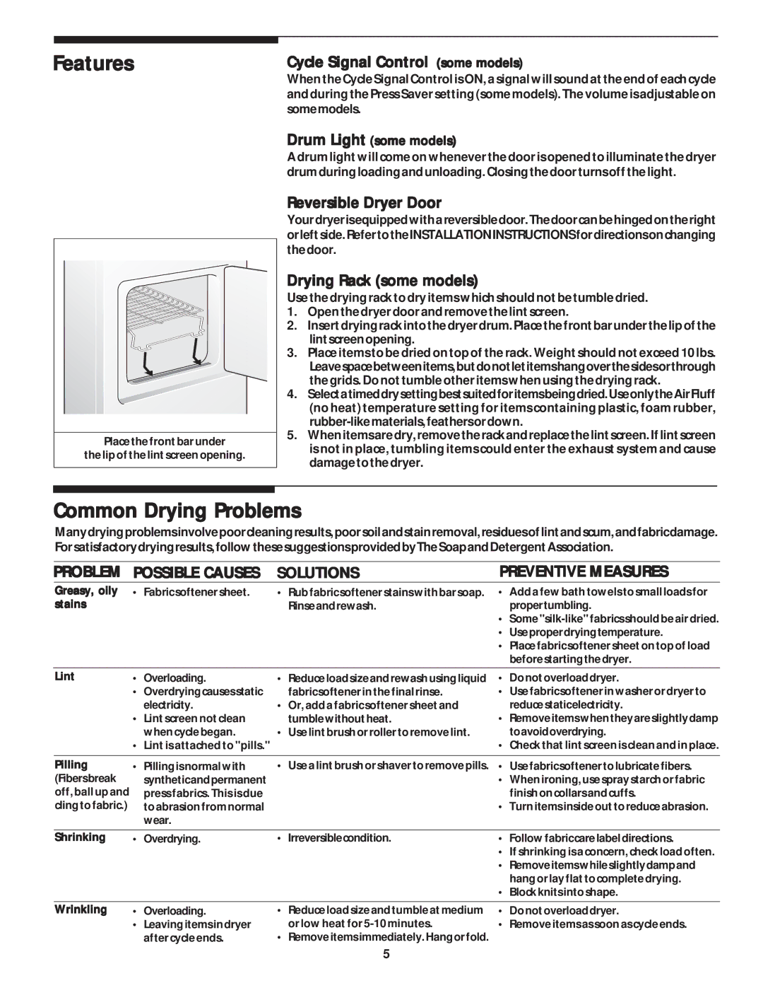 Frigidaire 131883500A Features, Common Drying Problems, Problem Possible Causes Solutions Preventive Measures 