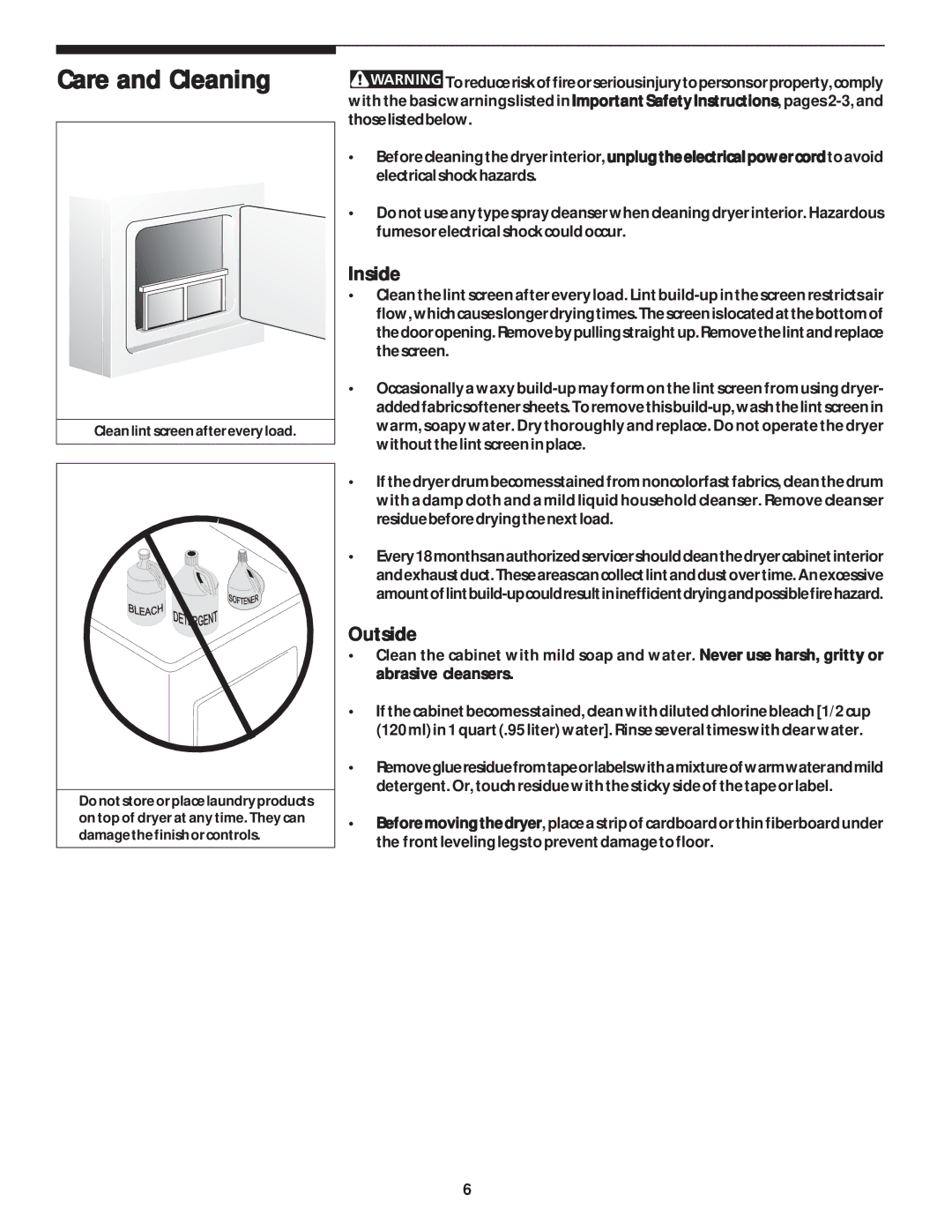 Frigidaire 131883500A important safety instructions Care and Cleaning, Inside, Outside, Cleanlintscreenaftereveryload 