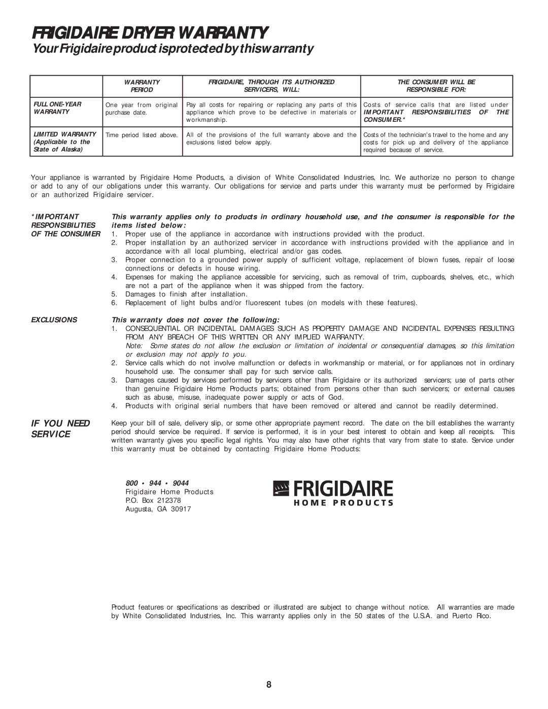 Frigidaire 131883500A important safety instructions Frigidaire Dryer Warranty 