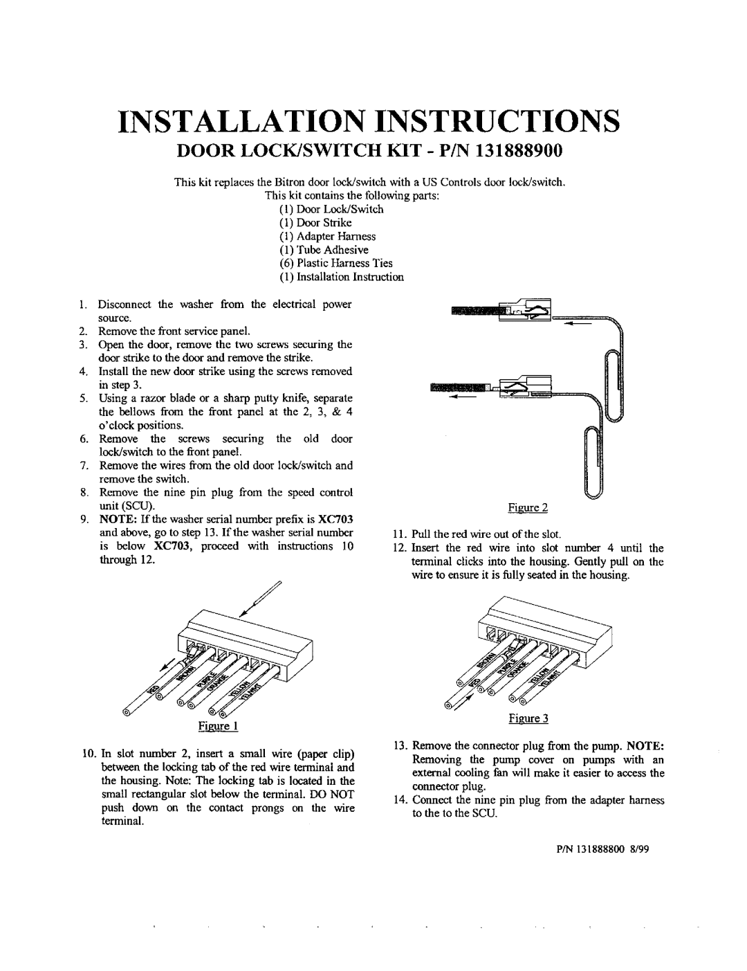 Frigidaire 131888900 manual Installation Instructions, Door LOCK/SWITCH KIT P/N 