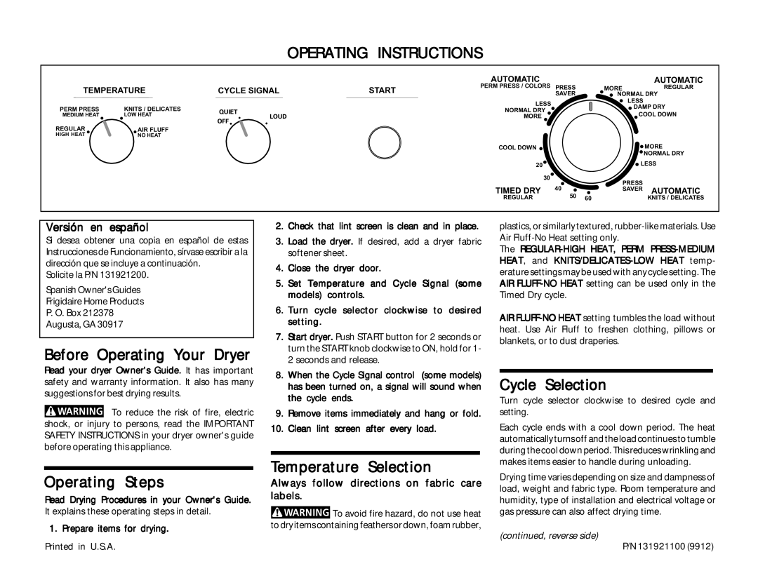 Frigidaire 131921100 operating instructions Before Operating Your Dryer, Operating Steps, Temperature Selection 