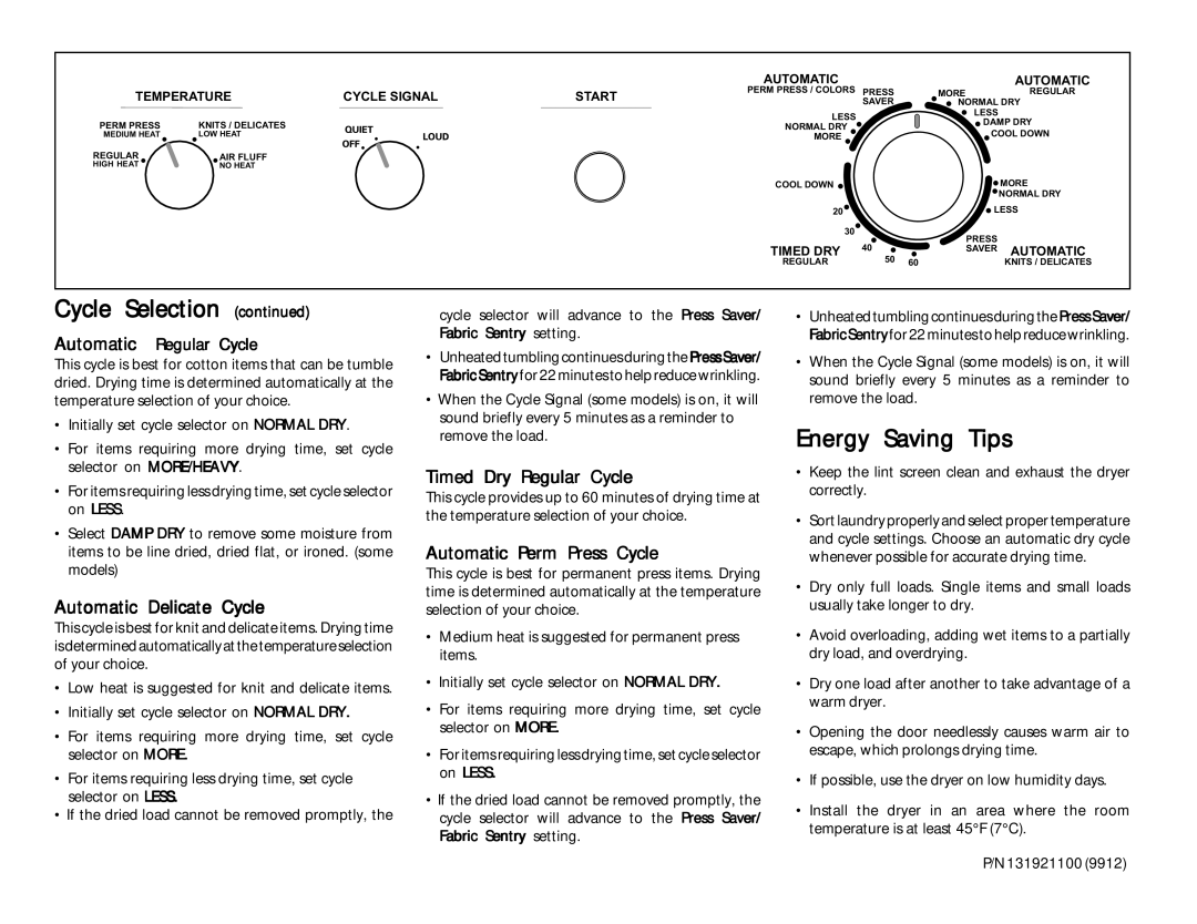 Frigidaire 131921100 Energy Saving Tips, Automatic Delicate Cycle, Timed Dry Regular Cycle, Automatic Perm Press Cycle 