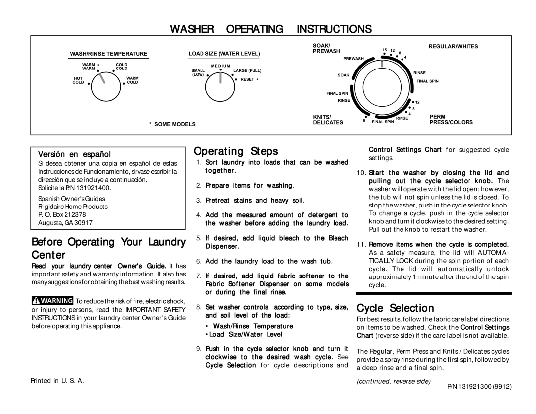 Frigidaire 131921300 (9912) operating instructions Before Operating Your Laundry Center, Operating Steps, Cycle Selection 