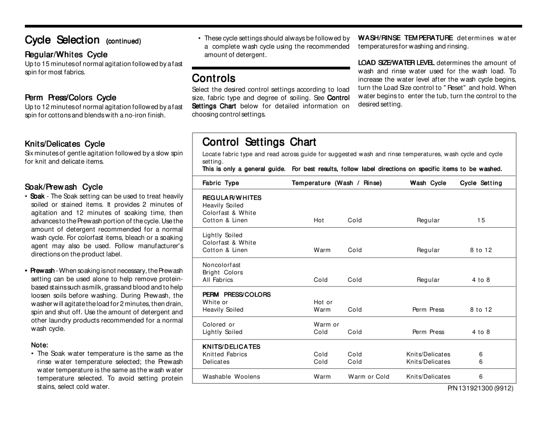 Frigidaire 131921300 (9912) operating instructions Controls, Control Settings Chart 