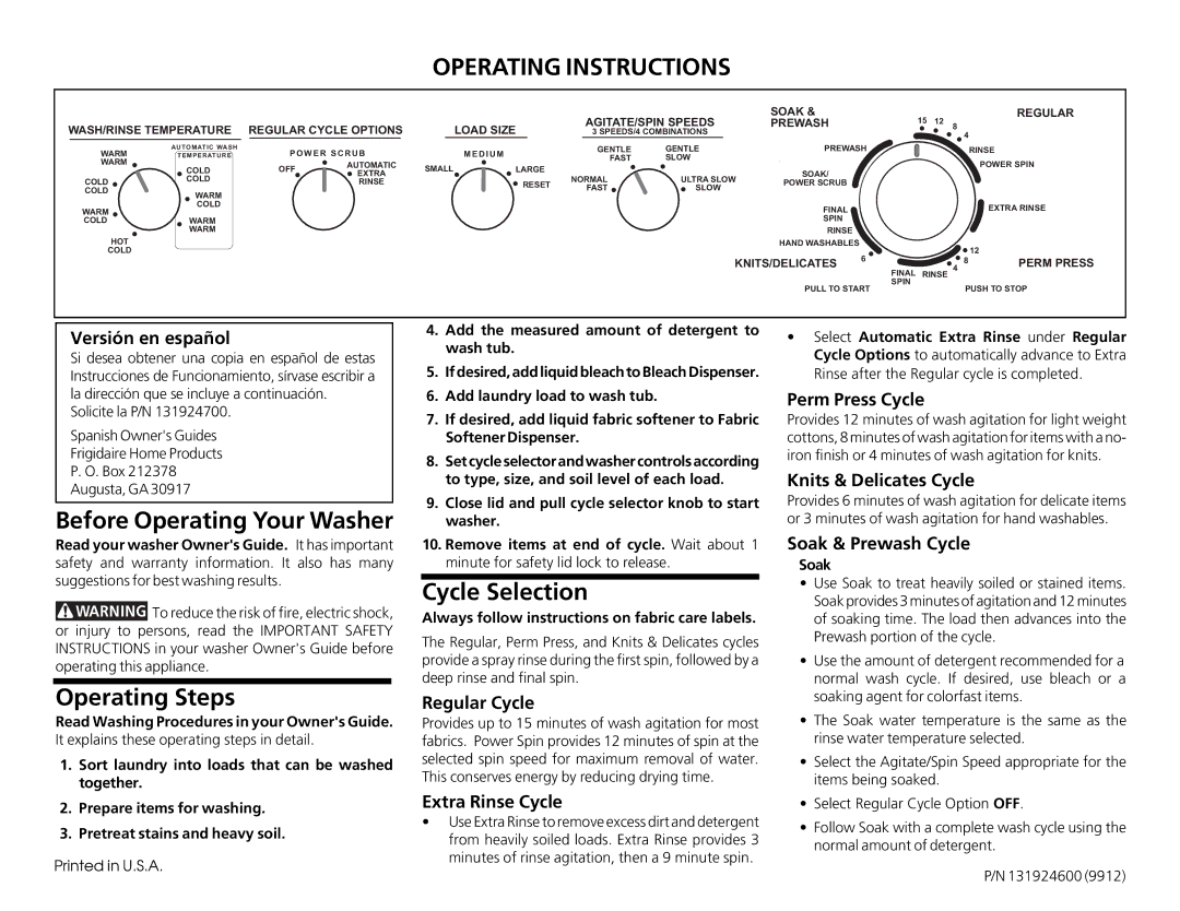 Frigidaire 131924600 operating instructions Before Operating Your Washer, Operating Steps, Cycle Selection 