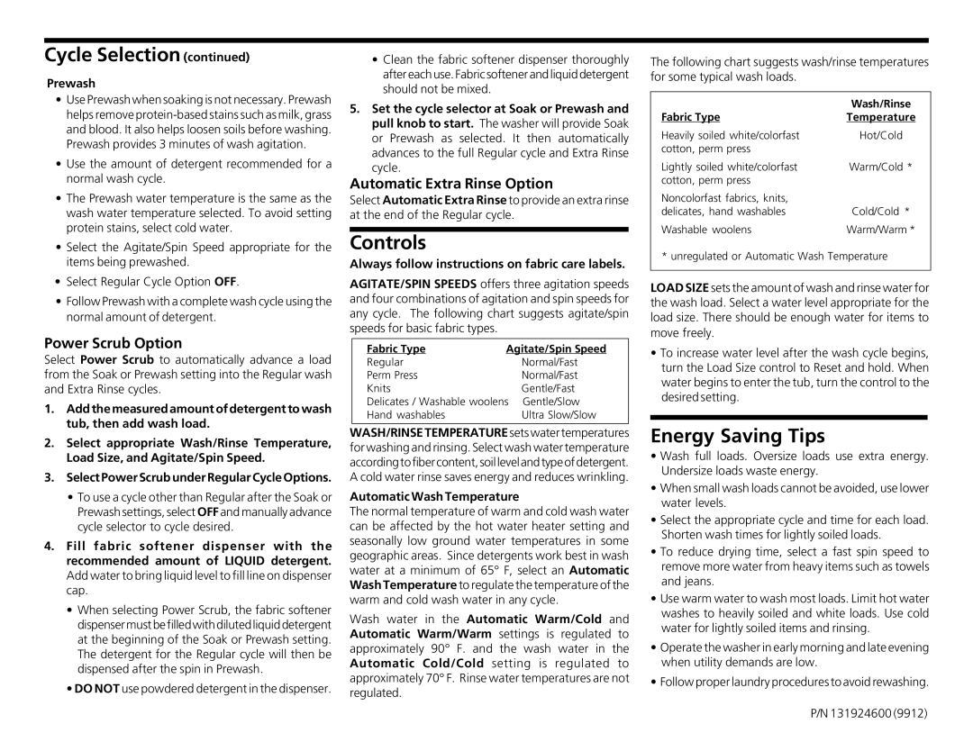 Frigidaire 131924600 operating instructions Controls, Energy Saving Tips, Power Scrub Option, Automatic Extra Rinse Option 