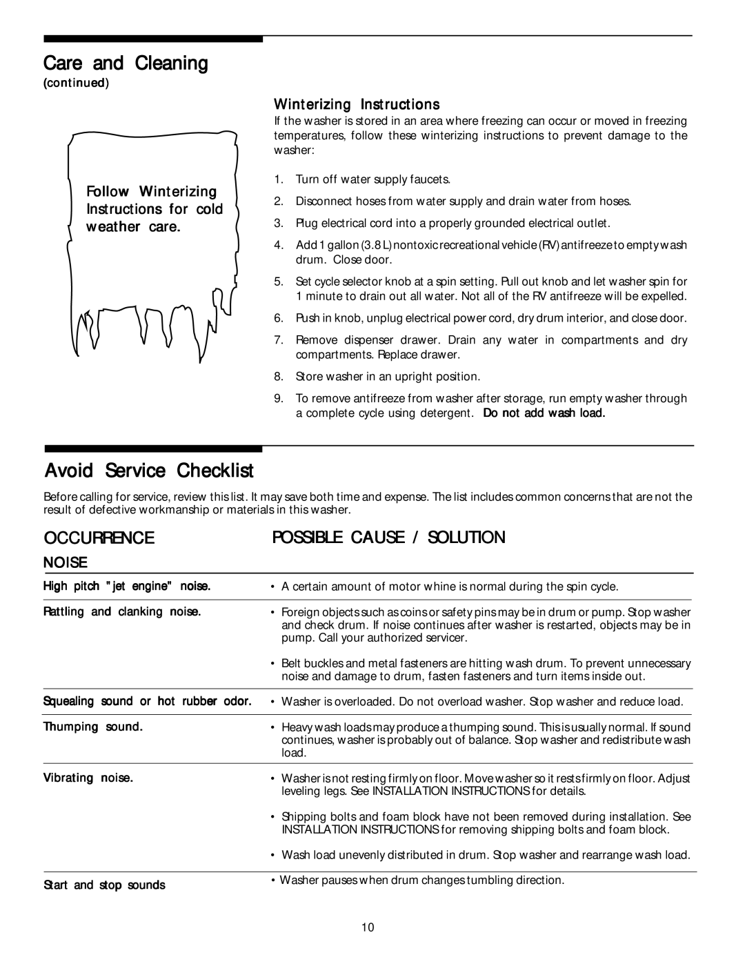 Frigidaire 131945200 manual Avoid Service Checklist, Follow Winterizing Instructions for cold weather care, Noise 