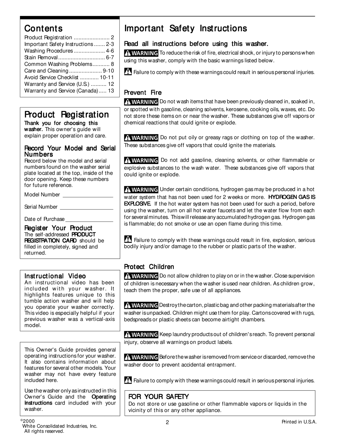 Frigidaire 131945200 manual Contents, Product Registration, Important Safety Instructions 