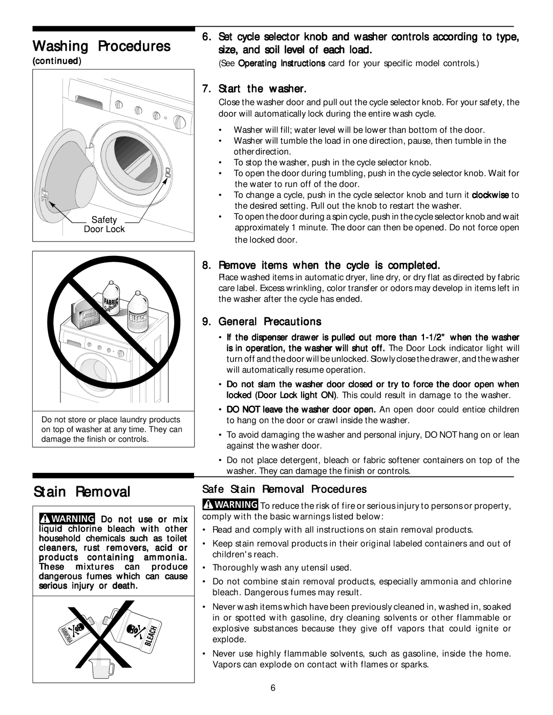 Frigidaire 131945200 manual Washing, Stain Removal 