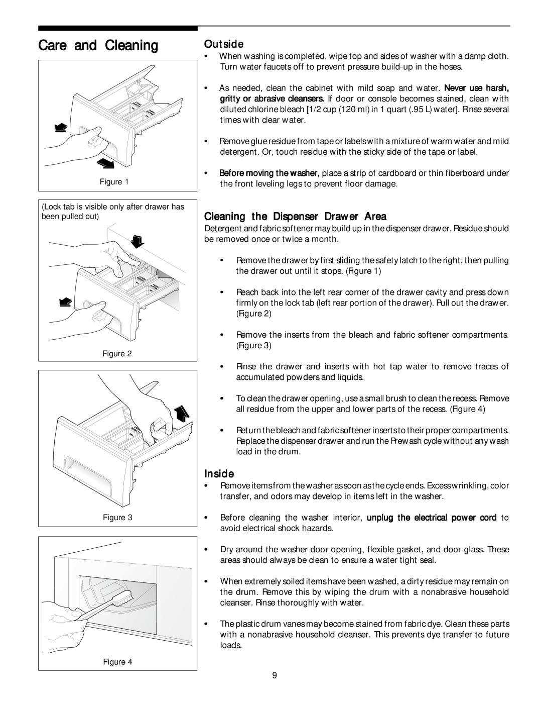 Frigidaire 131945200 manual Care and Cleaning, Outside, Cleaning the Dispenser Drawer Area, Inside 