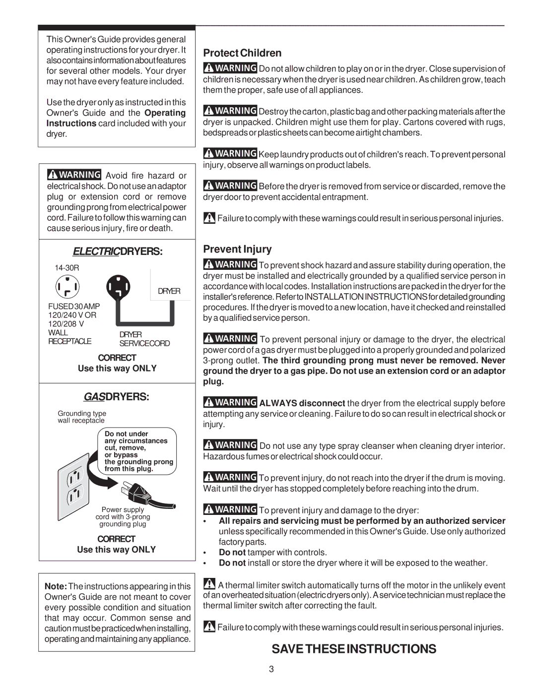 Frigidaire 131956700A manual Gasdryers, Protect Children, Prevent Injury, 14-30R, FUSED30AMP 120/240 V or 120/208 