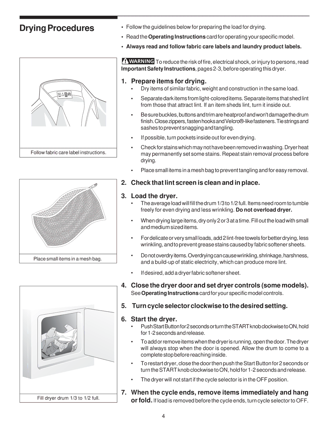 Frigidaire 131956700A Drying Procedures, Prepare items for drying, Close the dryer door and set dryer controls some models 