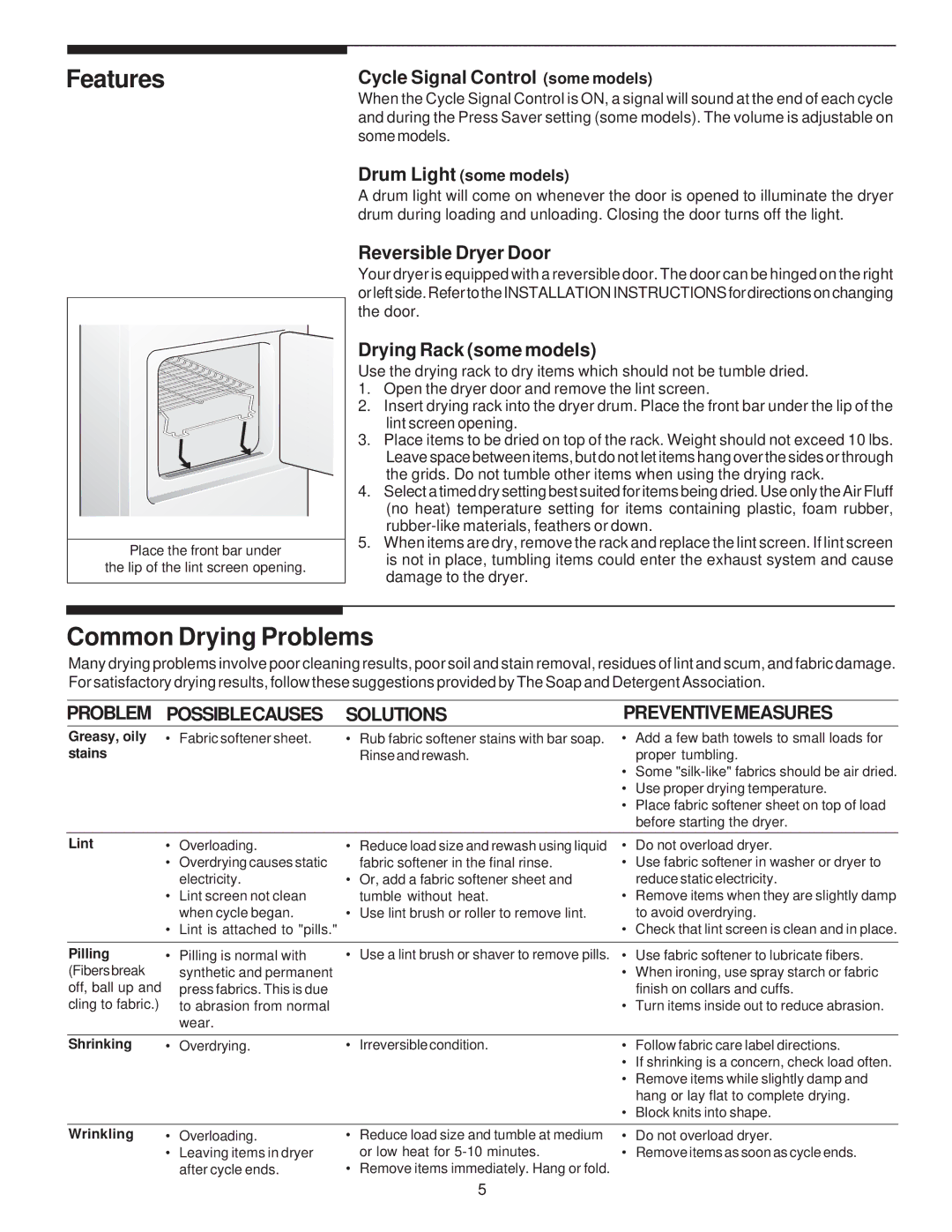 Frigidaire 131956700A manual Features, Common Drying Problems, Problem Possiblecauses Solutions 