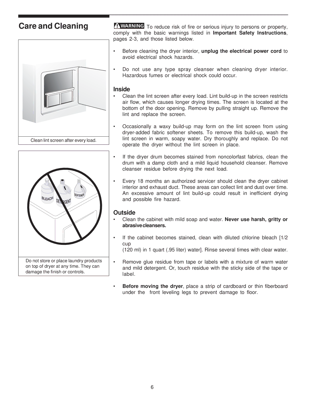 Frigidaire 131956700A manual Care and Cleaning, Inside, Outside, Clean lint screen after every load 