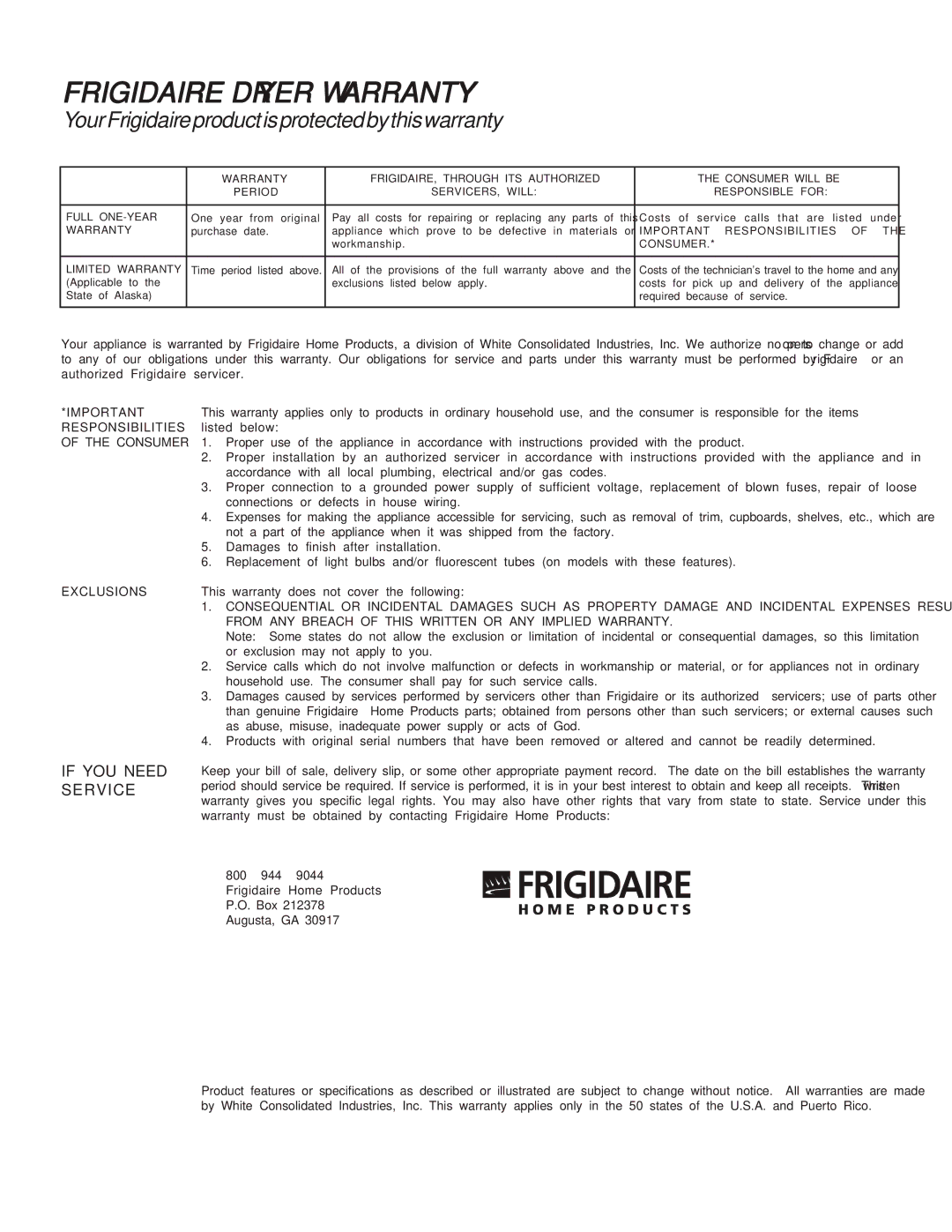 Frigidaire 131956700A manual Frigidaire Dryer Warranty 