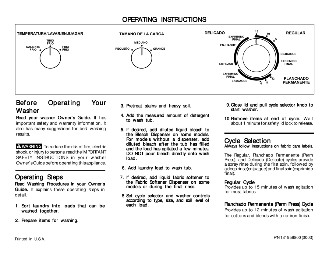 Frigidaire 131956800 (0003) operating instructions Operating Instructions, Before Operating Your Washer, Operating Steps 