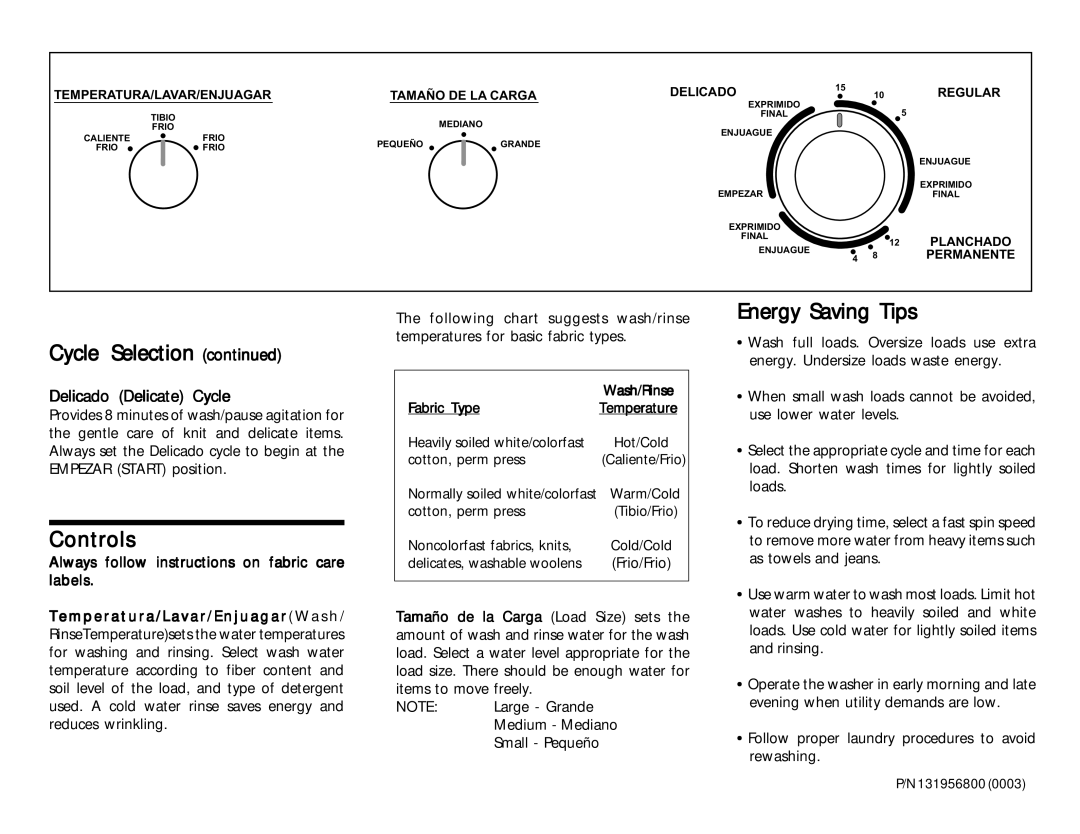 Frigidaire 131956800 (0003) Controls, Energy Saving Tips, Delicado Delicate Cycle, Wash/Rinse, Fabric Type Temperature 