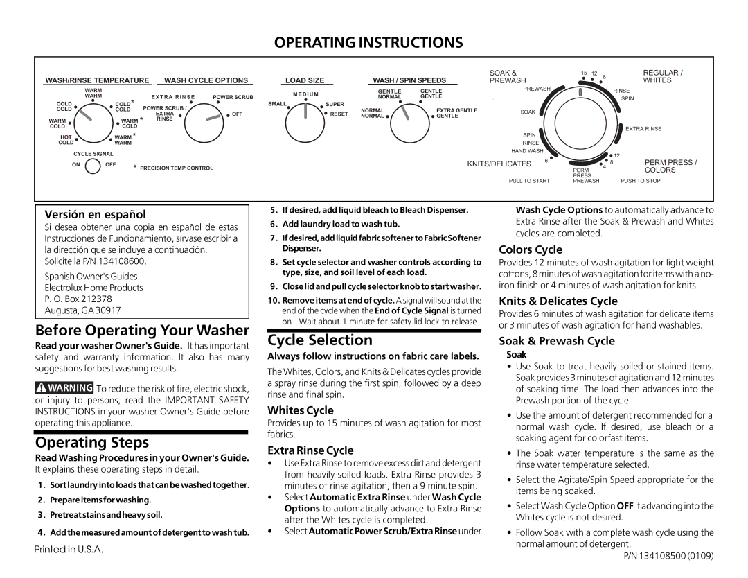 Frigidaire 1341085500 operating instructions Before Operating Your Washer, Operating Steps, Cycle Selection 