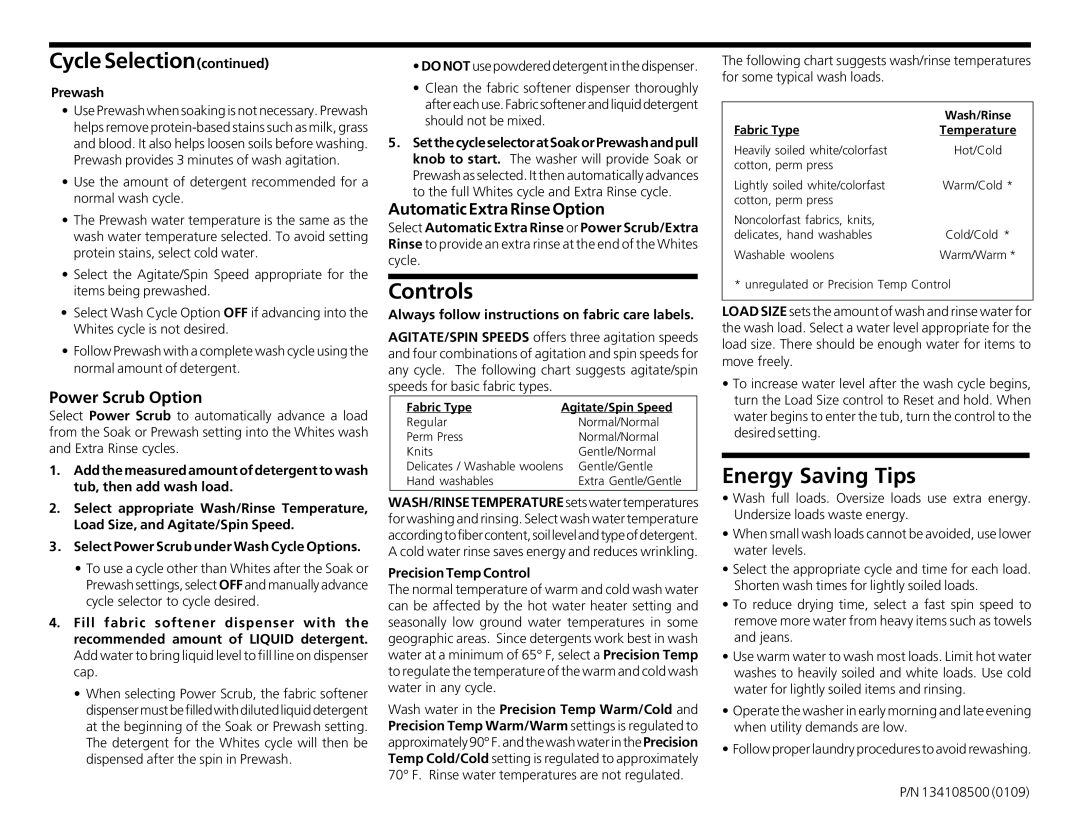 Frigidaire 1341085500 operating instructions Controls, Energy Saving Tips, Power Scrub Option, Automatic Extra Rinse Option 