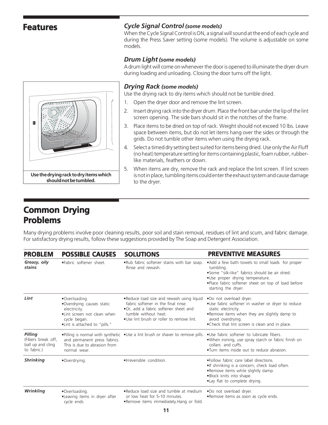 Frigidaire 134126300B Features, Common Drying Problems, Cycle Signal Control some models, Drum Light some models 