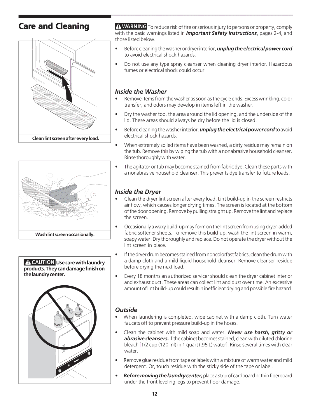 Frigidaire 134126300B important safety instructions Care and Cleaning, Inside the Washer, Inside the Dryer, Outside 