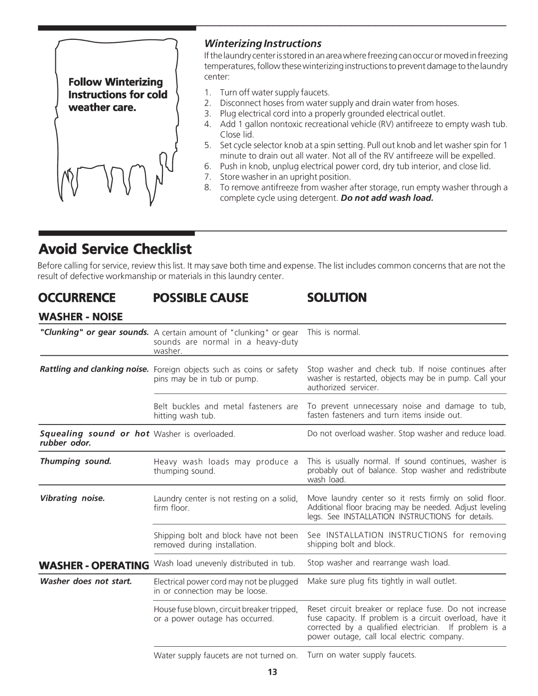 Frigidaire 134126300B important safety instructions Avoid Service Checklist, Winterizing Instructions, Washer Noise 