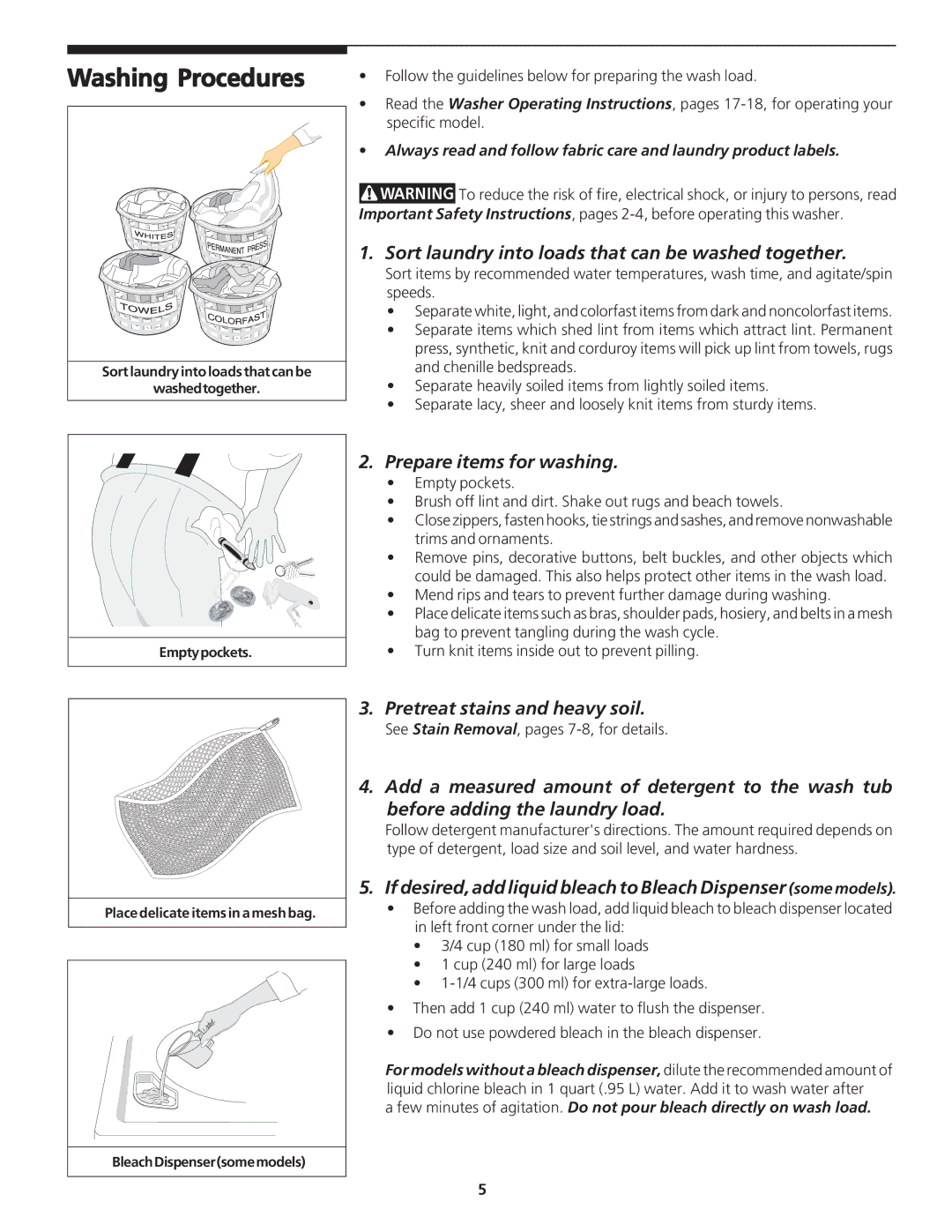 Frigidaire 134126300B Washing Procedures, Sort laundry into loads that can be washed together, Prepare items for washing 