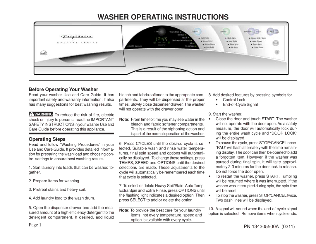 Frigidaire 134305500A operating instructions Before Operating Your Washer, Operating Steps 