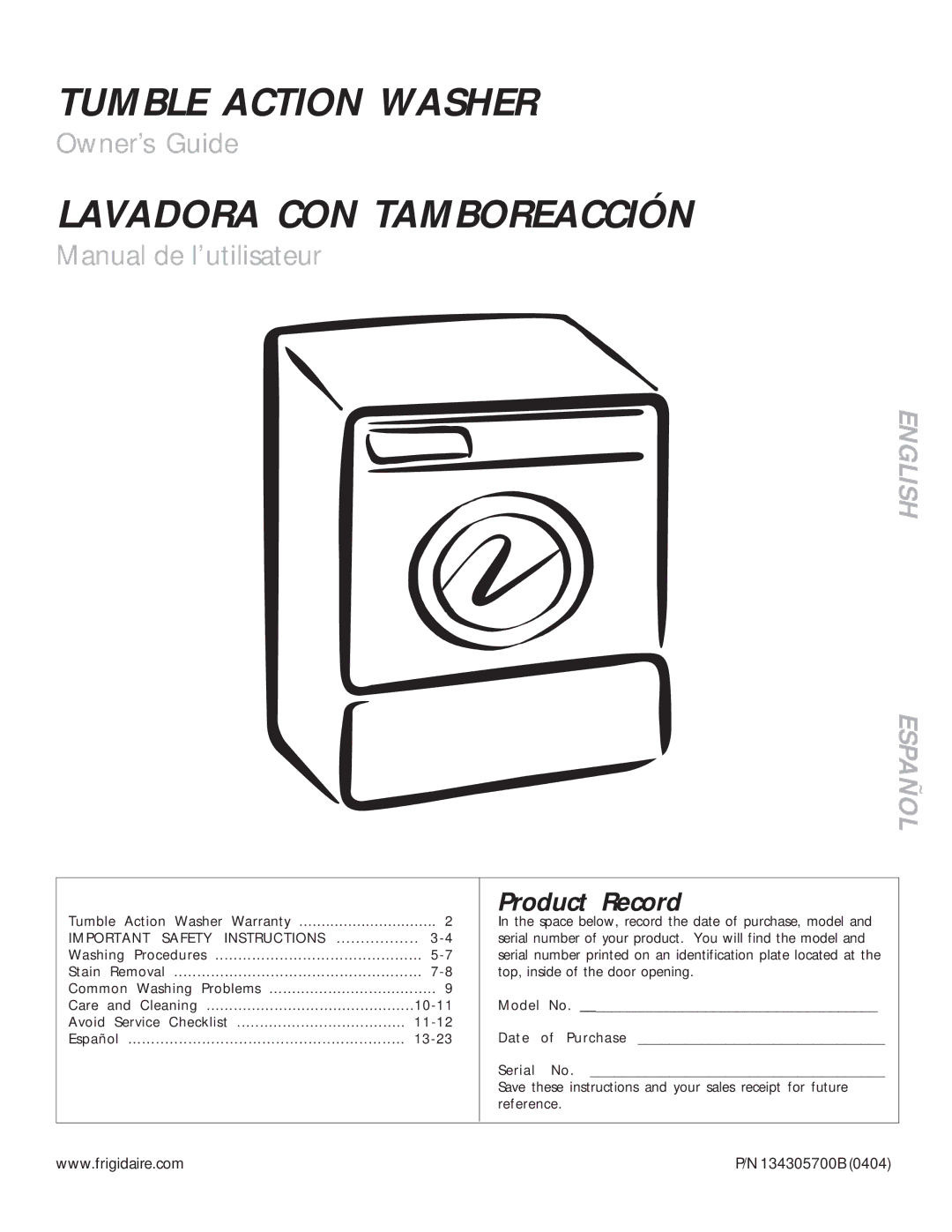 Frigidaire 134305700B warranty Lavadora CON Tamboreacción, Product Record 