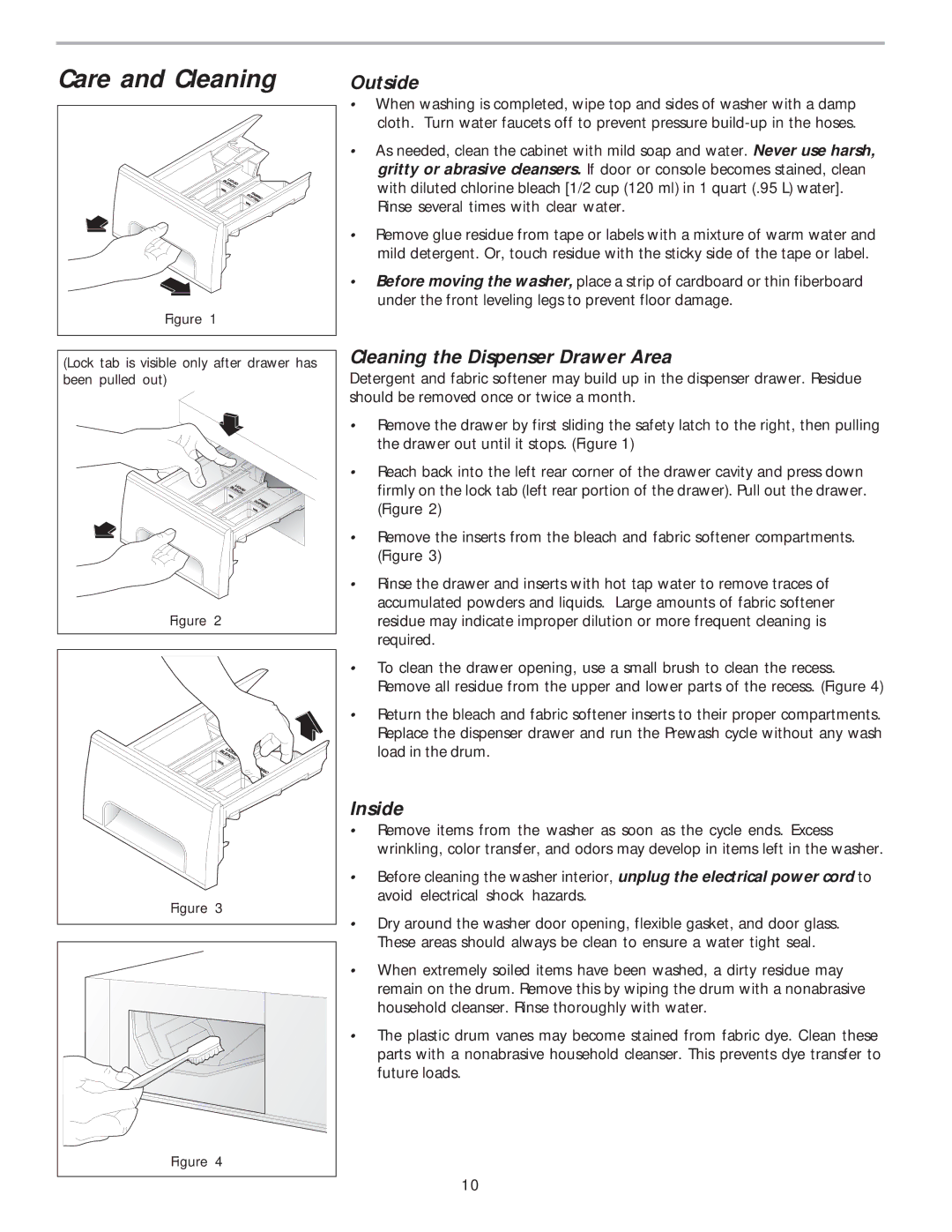 Frigidaire 134305700B warranty Care and Cleaning, Outside, Cleaning the Dispenser Drawer Area, Inside 