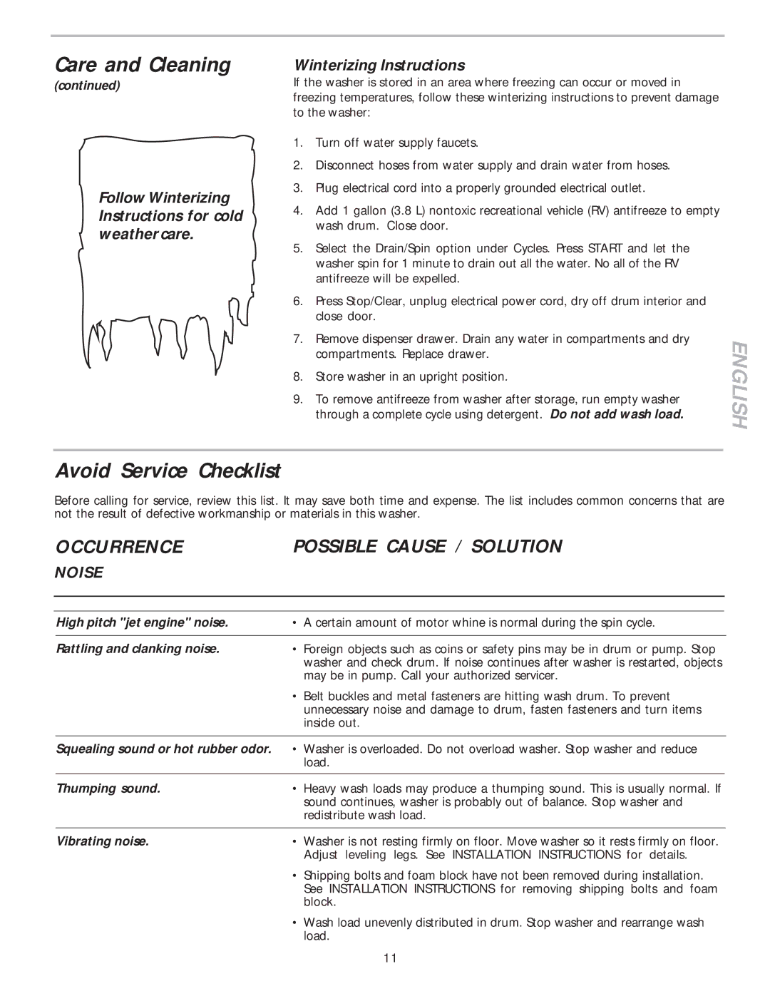 Frigidaire 134305700B warranty Avoid Service Checklist, Follow Winterizing Instructions for cold weather care, Noise 