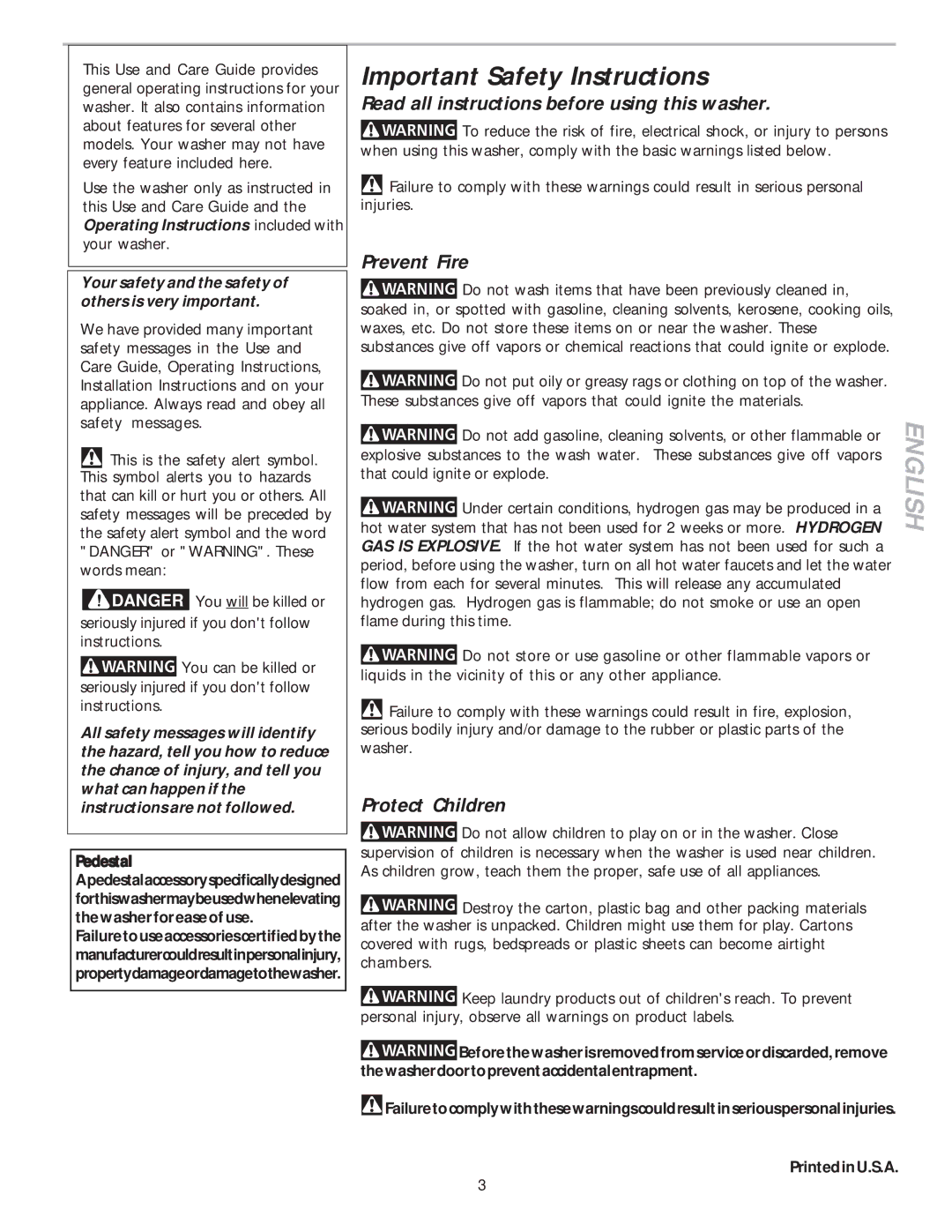 Frigidaire 134305700B warranty Important Safety Instructions, Read all instructions before using this washer, Prevent Fire 