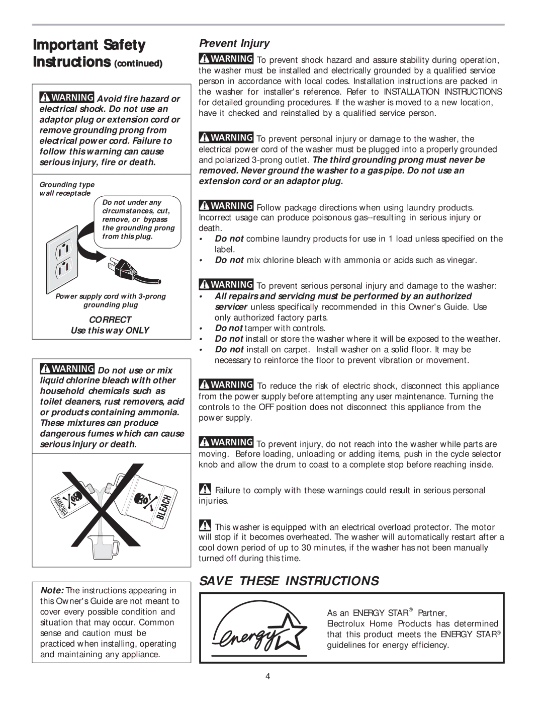 Frigidaire 134305700B warranty Important Safety Instructions, Prevent Injury 