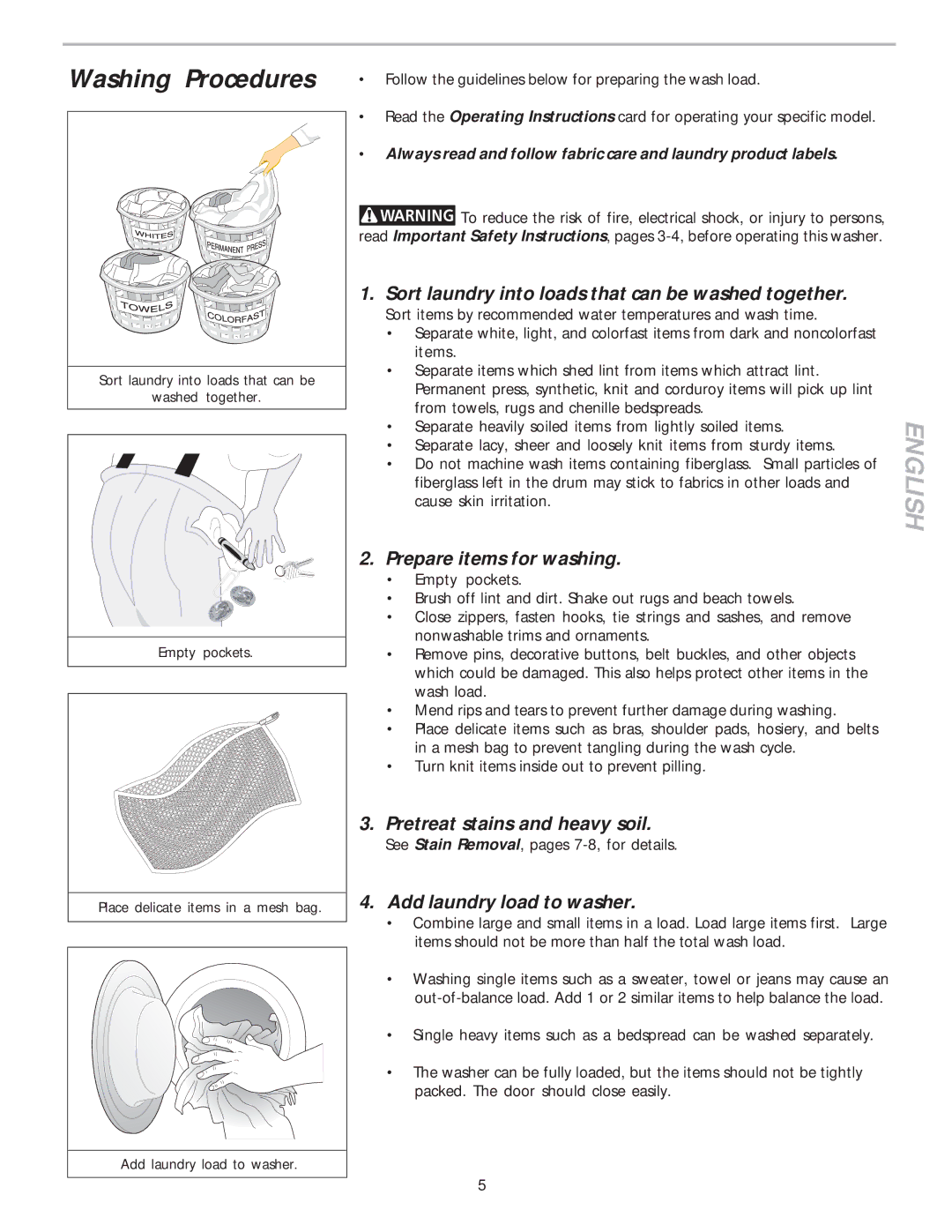 Frigidaire 134305700B Washing Procedures, Sort laundry into loads that can be washed together, Prepare items for washing 