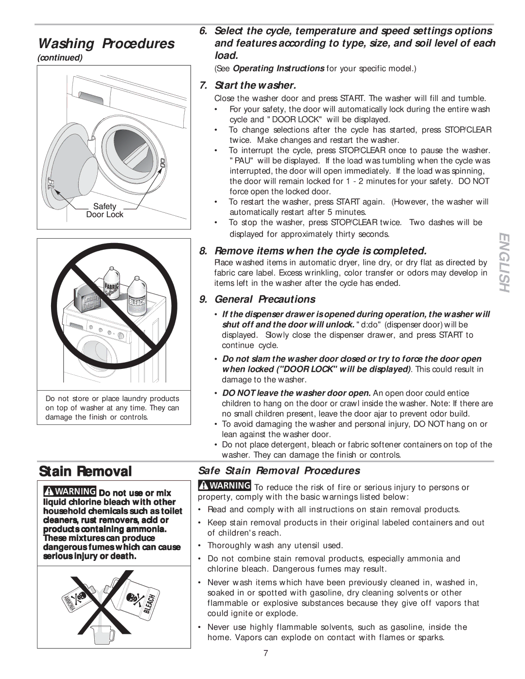 Frigidaire 134305700B warranty Start the washer, Remove items when the cycle is completed, General Precautions 