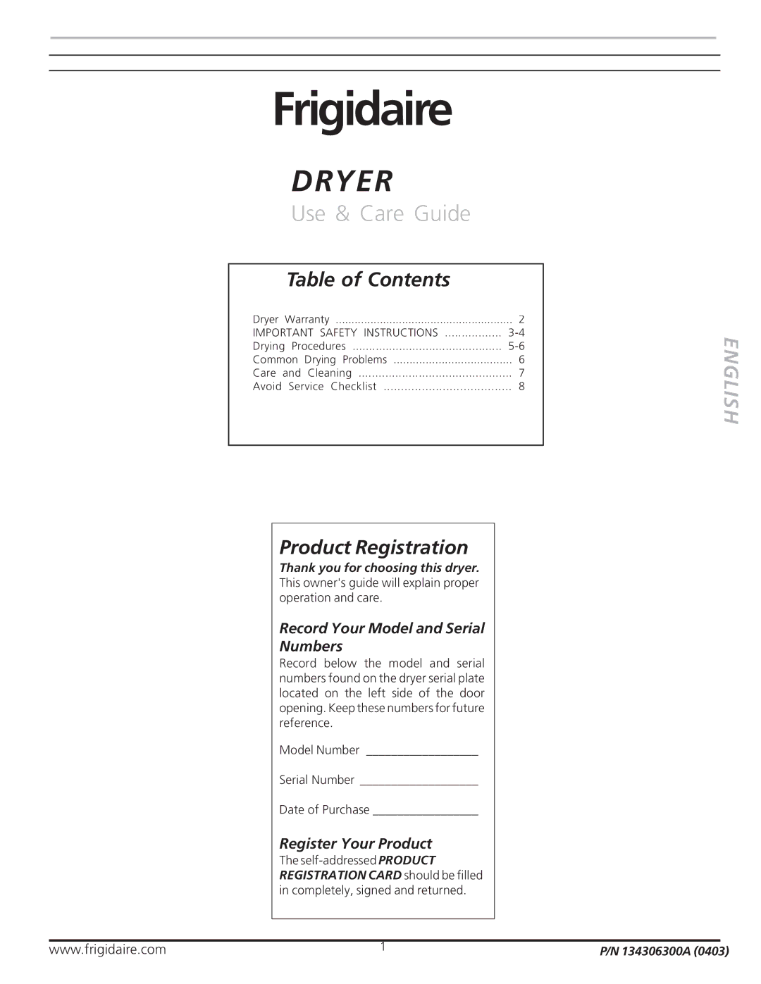 Frigidaire 134306100A warranty Table of Contents, Product Registration 