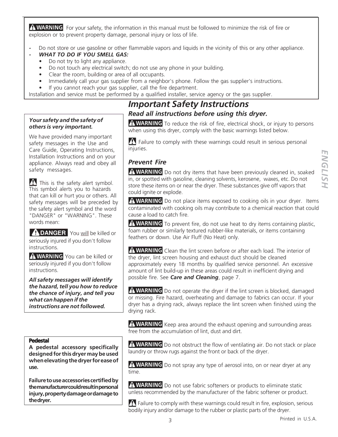 Frigidaire 134306100A warranty Important Safety Instructions, Read all instructions before using this dryer, Prevent Fire 