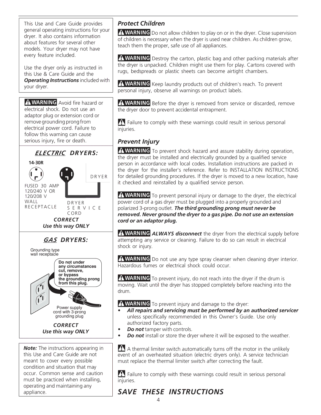 Frigidaire 134306100A warranty Electric Dryers, Protect Children, Prevent Injury, GAS Dryers 