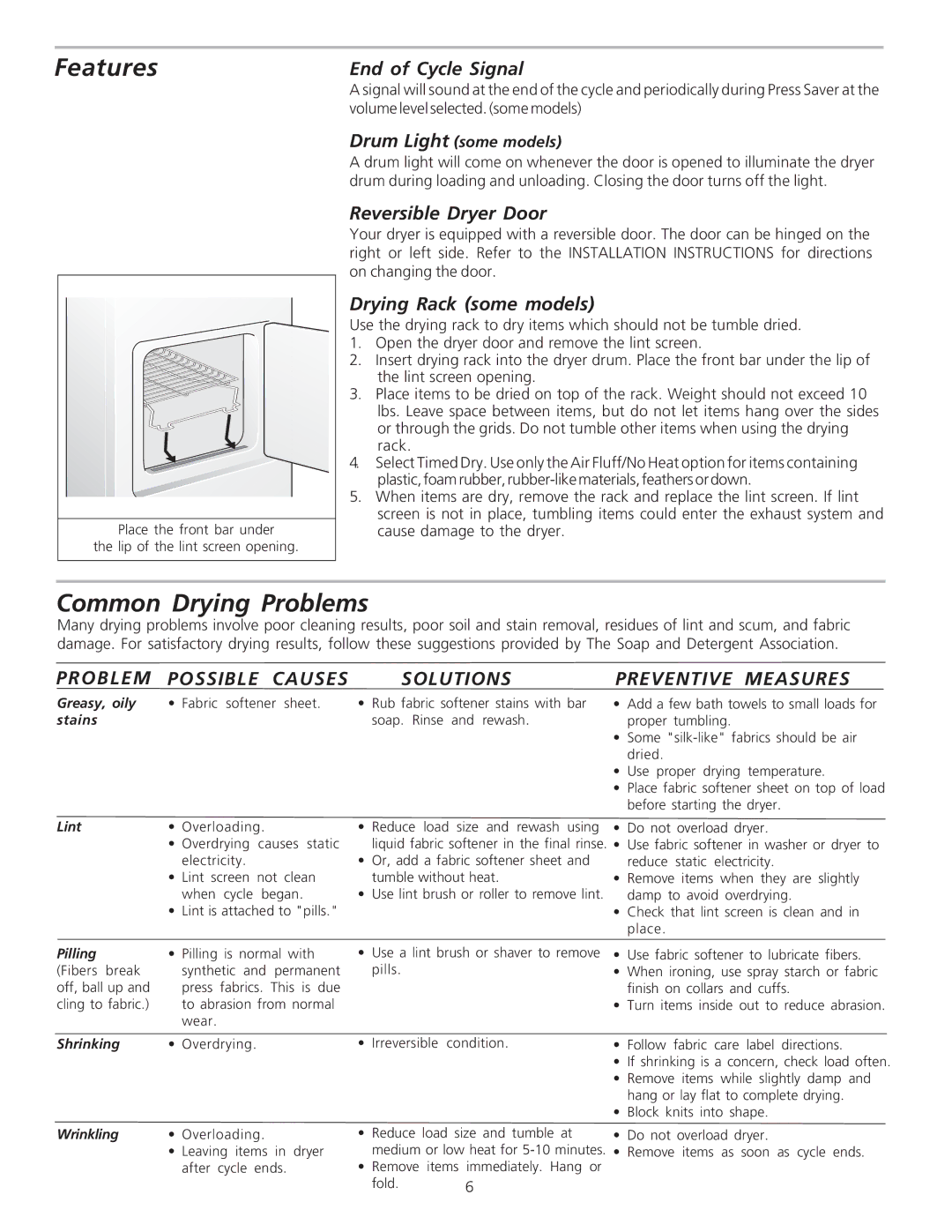 Frigidaire 134306100A warranty Features, Common Drying Problems, Problem Possible Causes Solutions 