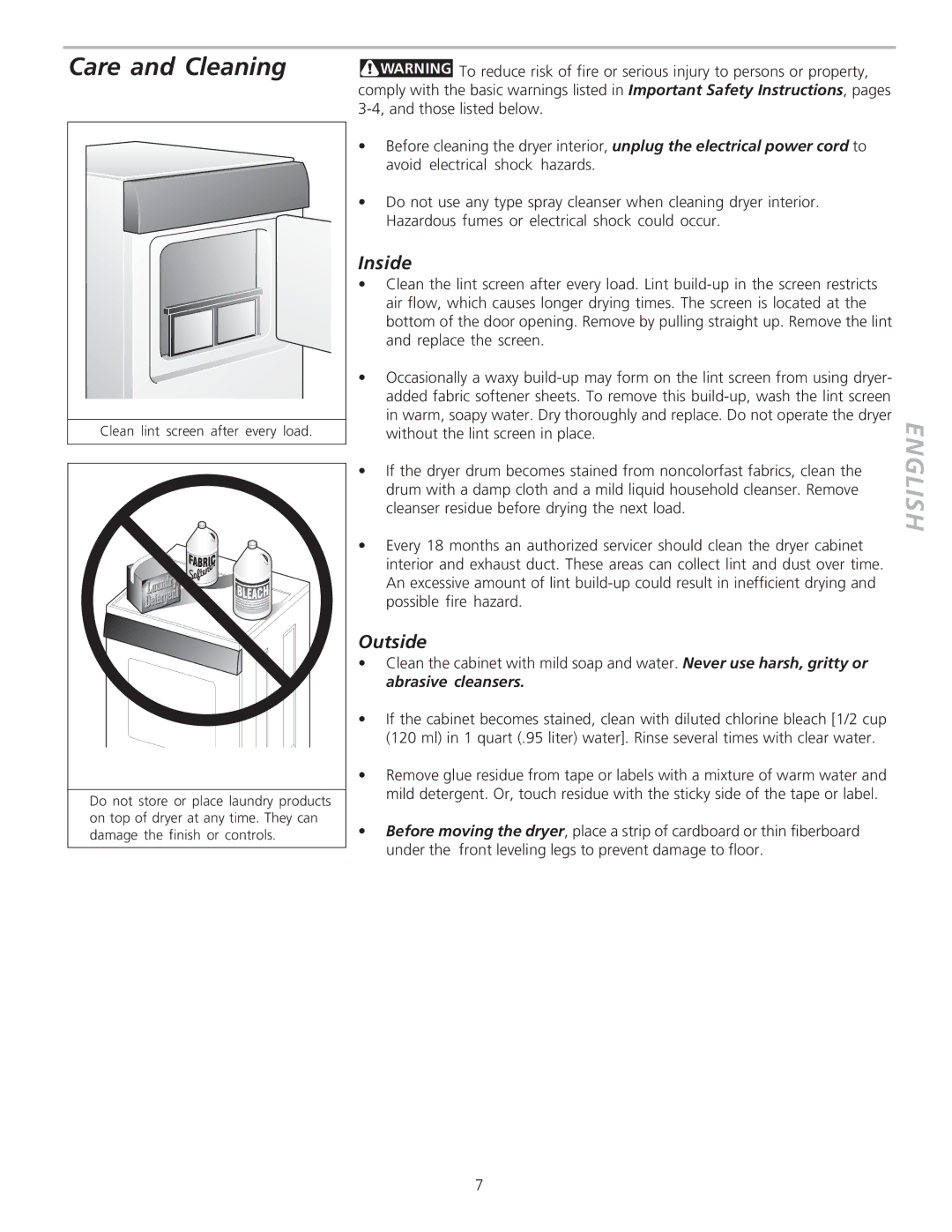 Frigidaire 134306100A warranty Care and Cleaning, Inside, Outside 