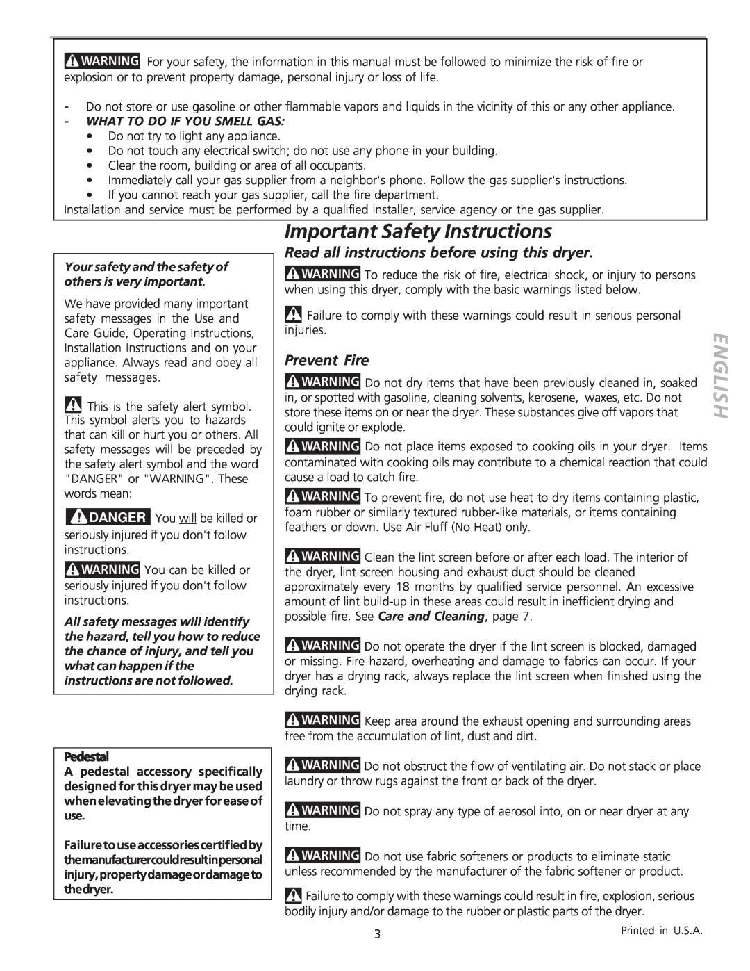 Frigidaire 134306300A Important Safety Instructions, Read all instructions before using this dryer, Prevent Fire, Pedestal 