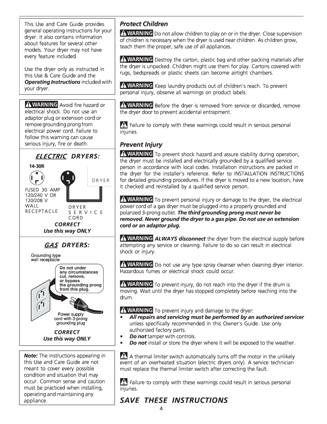 Frigidaire 134306300A warranty Save These Instructions, Electric Dryers, Protect Children, Prevent Injury, Gas Dryers 