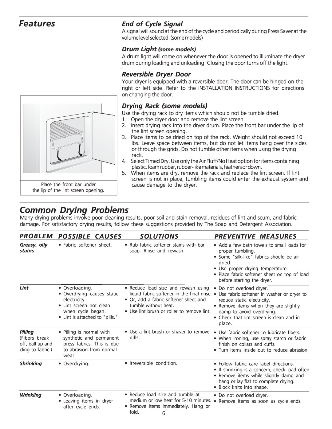 Frigidaire 134306300A warranty Features, Common Drying Problems, End of Cycle Signal, Reversible Dryer Door, Solutions 