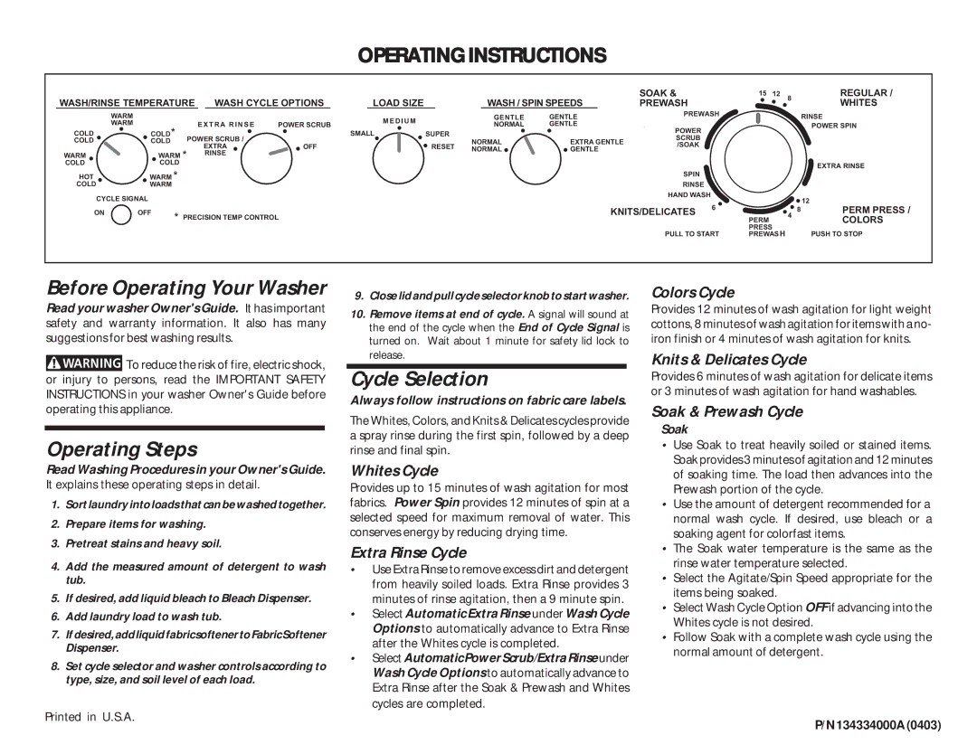 Frigidaire 134334000A (0403) operating instructions Before Operating Your Washer, Operating Steps, Cycle Selection 