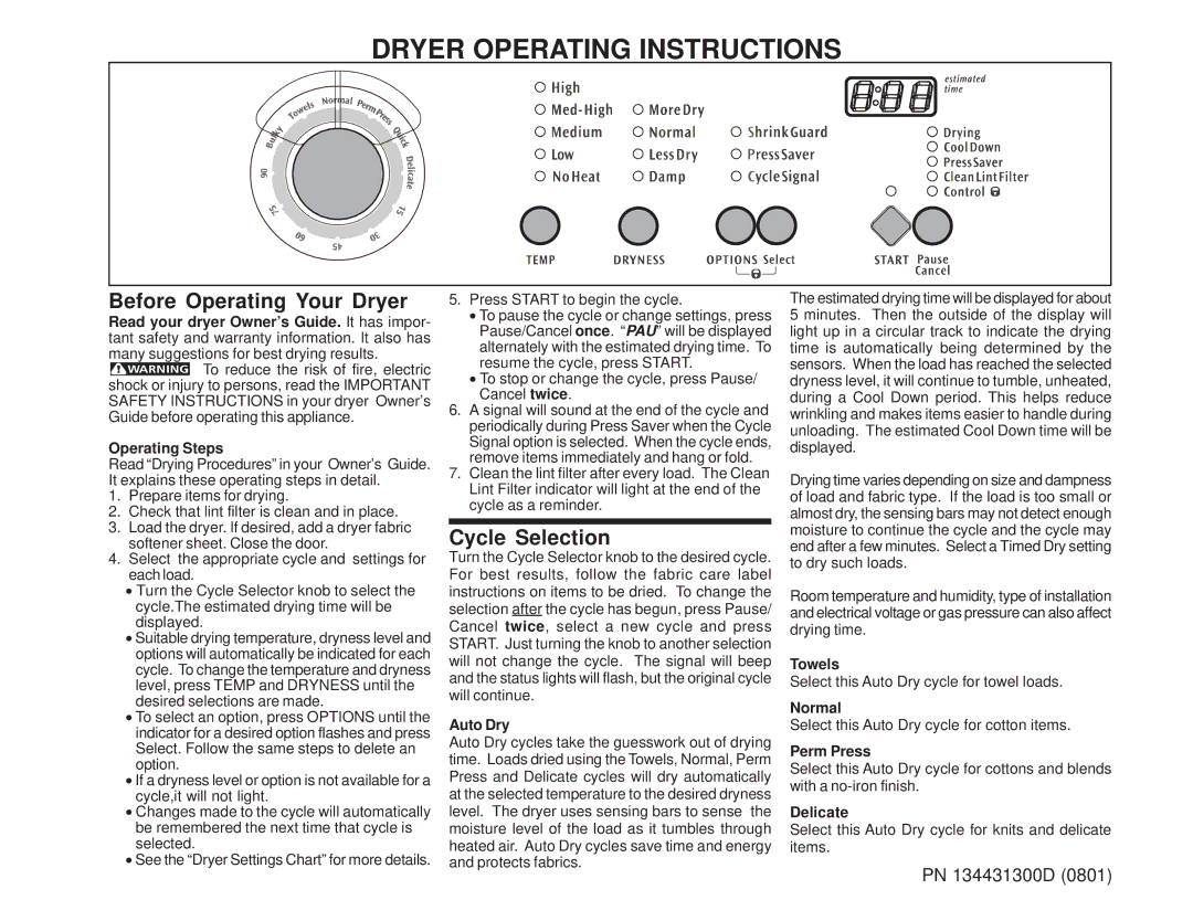 Frigidaire 134431300D operating instructions Before Operating Your Dryer, Cycle Selection 