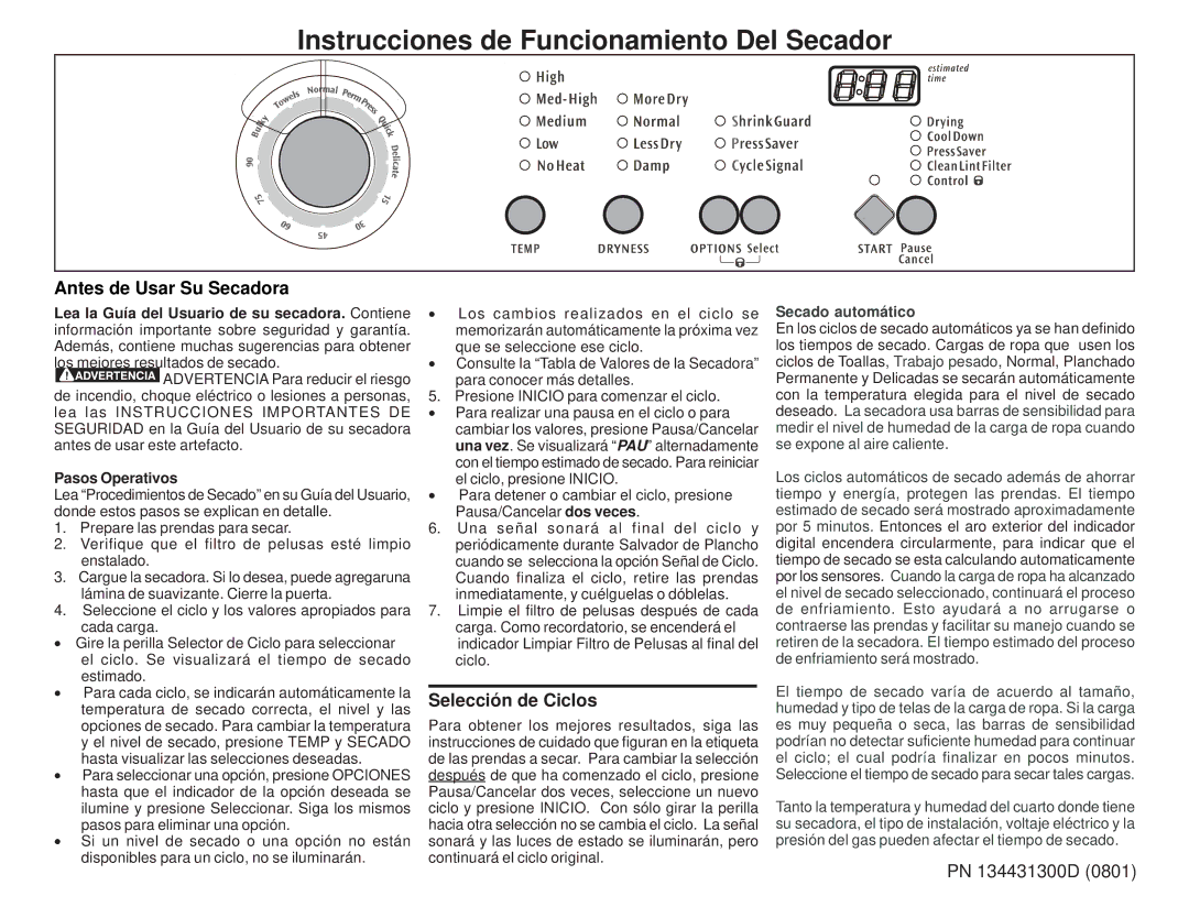 Frigidaire 134431300D operating instructions Antes de Usar Su Secadora, Selección de Ciclos, Pasos Operativos 