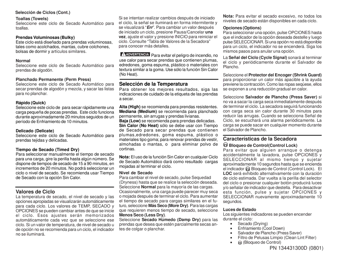 Frigidaire 134431300D operating instructions Valores de Ciclo, Selección de la Temperatura, Características de la Secadora 